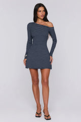 BASE Luxe Rib Off Shoulder Long Sleeve Mini Dress Navy Grey Stripe