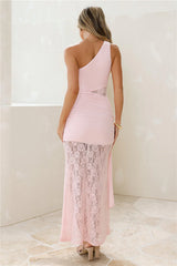 Passion Love One Shoulder Mesh Lace Maxi Dress Pink
