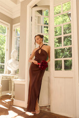 The Delilah Satin Halter Maxi Dress Chocolate Brown