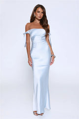 Flirty Intentions Off Shoulder Satin Maxi Dress Blue