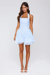 Enchanted Lily Gingham Halter Mini Dress Blue