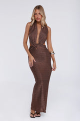 Softly Desired Halter Maxi Dress Brown