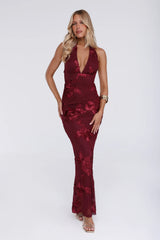 Lime Light Mesh Halter Maxi Dress Wine
