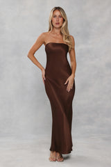 The Felicity Strapless Satin Maxi Dress Chocolate Brown