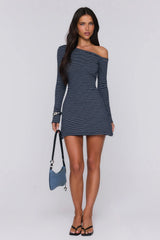 BASE Luxe Rib Off Shoulder Long Sleeve Mini Dress Navy Grey Stripe