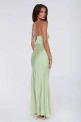 Couture Evening Satin Maxi Dress Green