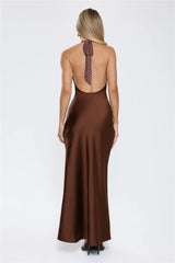 Wardrobe Defined Halter Satin Maxi Dress Brown