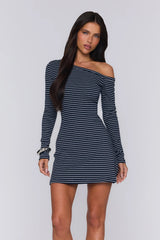 BASE Luxe Rib Off Shoulder Long Sleeve Mini Dress Navy Grey Stripe