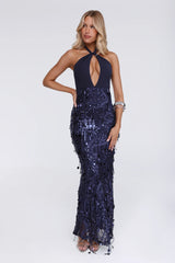 Spin For Me Sequin Halter Maxi Dress Navy