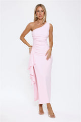 Chic One Shoulder Ruched Drape Maxi Dress Pink