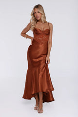 Sultry Horizon Satin Lace Maxi Dress Brown