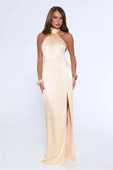 Effortless Luxe Halter Satin Maxi Dress Yellow
