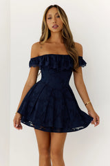 Pure Reverie Off Shoulder Mini Dress Navy