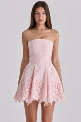 pink strapless cut out broderie anglaise mini dress