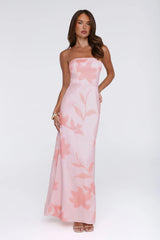 Warm Waves Strapless Satin Maxi Dress Peach Floral Print