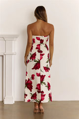 Floral Satin Strapless Folded Maxi Dress Red