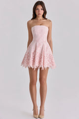 pink strapless cut out broderie anglaise mini dress