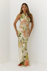 Dreamy Floral Cowl Neck Halter Maxi Dress Cream