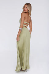 Sassy Sunshine Satin Pleated Strapless Maxi Dress Green