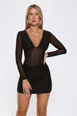 Secret Thoughts Long Sleeve Mesh Mini Dress Black