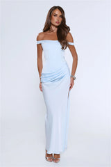 The After Party Off Shoulder Satin Maxi Dress Blue