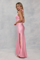The Delilah Satin Halter Maxi Dress Candy Pink
