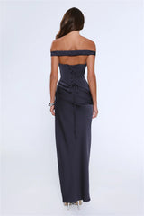 The After Party Off Shoulder Satin Maxi Dress Navy