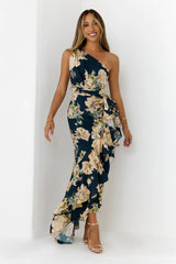 Floral One Shoulder Cutout Maxi Dress Navy