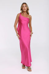 Romantic Tales Satin One Shoulder Maxi Dress Hot Pink