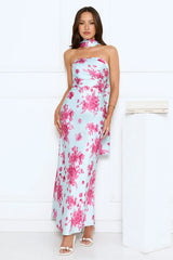 Bloom Pop Satin Strapless Maxi Dress Blue