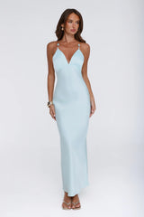 Pearl Indulgence Satin Maxi Dress Aqua