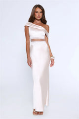 Under Candlelights Off Shoulder Satin Maxi Dress Champagne