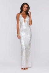 Sparkling Affair Sequin Halter Maxi Dress Ecru White