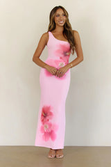 Hibiscus Aura Mesh One Shoulder Maxi Dress Pink