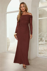 Glam Mesh Off-Shoulder Maxi Dress Rust