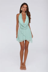 Sultry Cowl Halter Wrap Mini Dress Mint