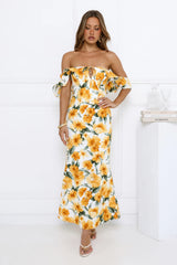 Sunflowers Off Shoulder Midi Dress Yellow