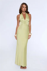 The Evening Standard Halter Satin Maxi Dress Green