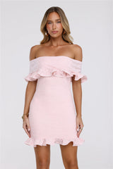 Glimmering Noir Off Shoulder Lace Mini Dress Pink