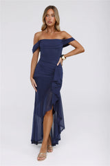 The Style Structure Mesh Off The Shoulder Maxi Dress Navy