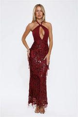 Spin For Me Sequin Halter Maxi Dress Burgundy