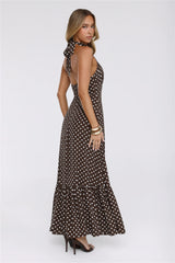 Pretty Wins Again Polka Dot Halter Maxi Dress Brown