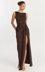 Coraline Maxi Dress - High Neck Sleeveless Draped Sash Dress in Chocolate