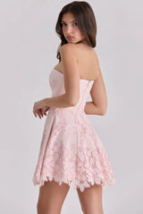 pink strapless cut out broderie anglaise mini dress