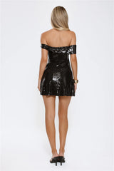 Spotlight Is Mine Off Shoulder Sequin Mini Dress Black