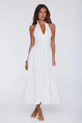 Petal Whimsy Embroidered Halter Maxi Dress White