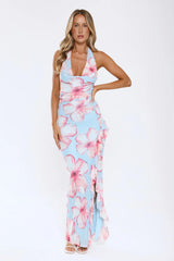 Sweetly Said Mesh Halter Maxi Dress Blue