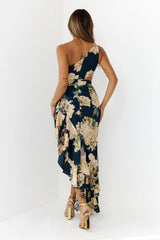 Floral One Shoulder Cutout Maxi Dress Navy