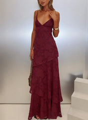 Lyricah Tiered Tie Back Maxi Dress Burgundy