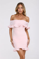 Glimmering Noir Off Shoulder Lace Mini Dress Pink